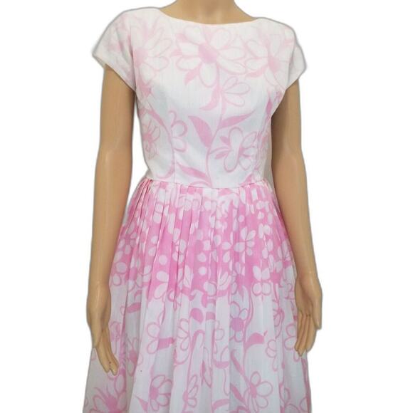 1950s Pink White Floral Handmade Pleated Fit Flare Short Sleeve Puffy Midi Dress - Picture 4 of 8